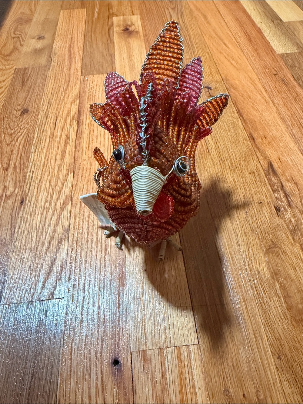 Handcrafted Beaded Bird Ornament — Orange and Pink